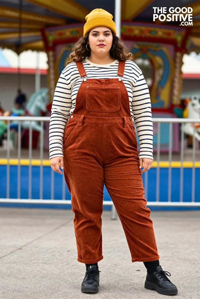 Rust Corduroy Overalls, Striped Tee, And Chunky Shoes