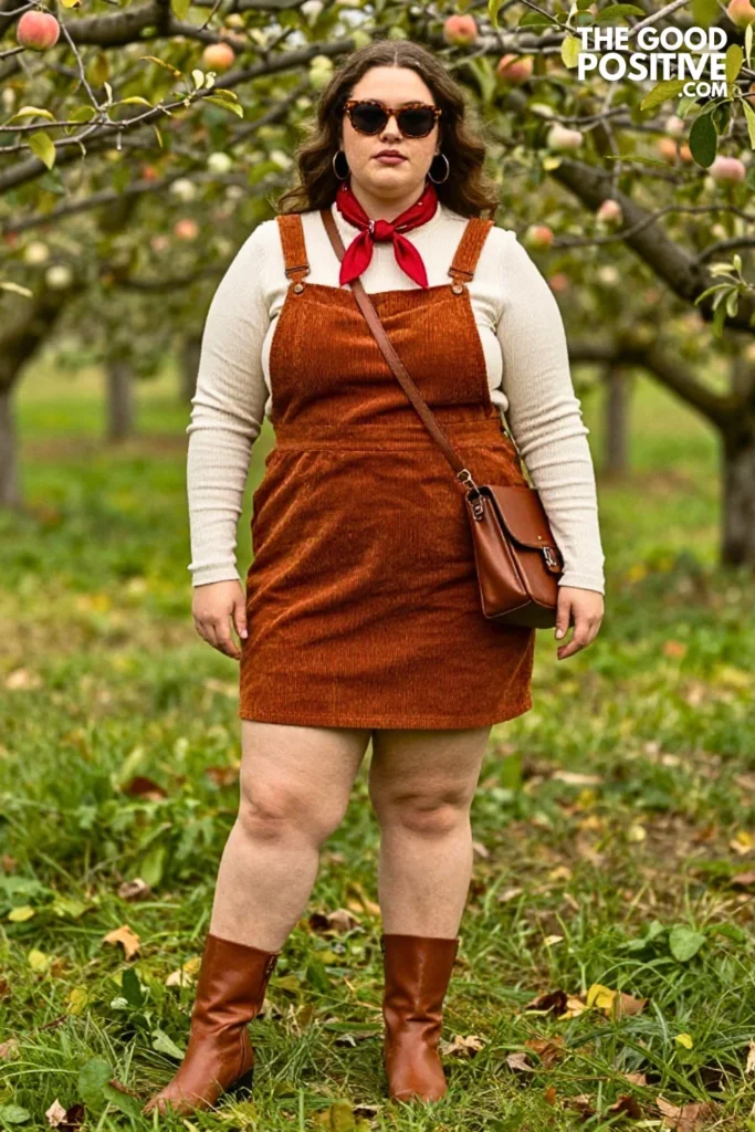 Rust Corduroy Pinafore, Cream Ribbed Top & Ankle Boots