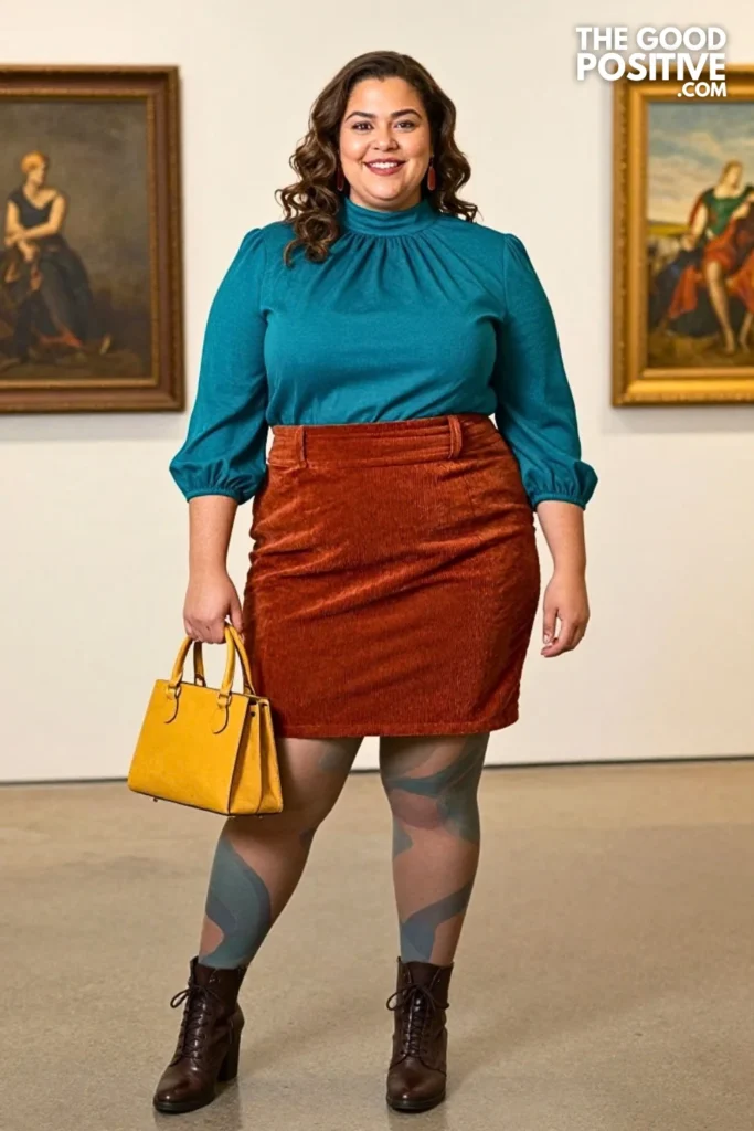 Rust Corduroy Pinafore Skirt, Teal Blouse & Printed Tights