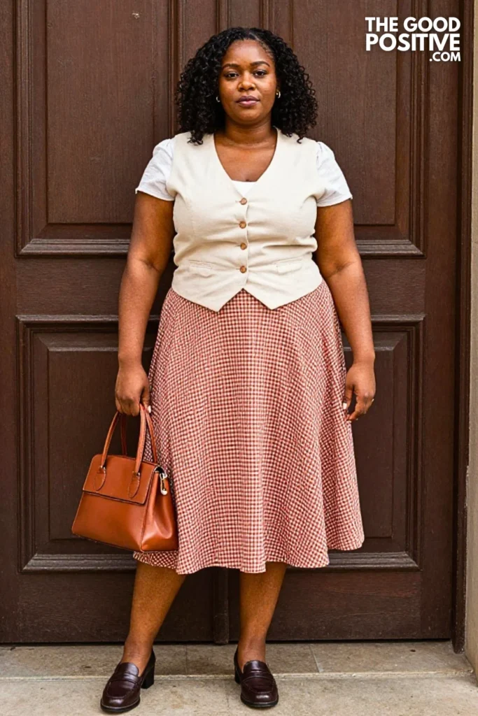 Rust Gingham Skirt With Buttoned Vest
