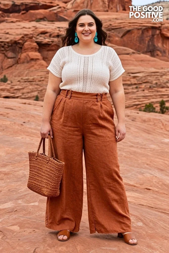 Rust Linen Trousers With Cream Crochet Top