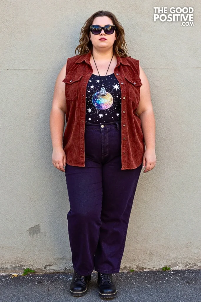 Rust Overshirt, Printed Tank, Wide-Leg Jeans, and Lug Boots