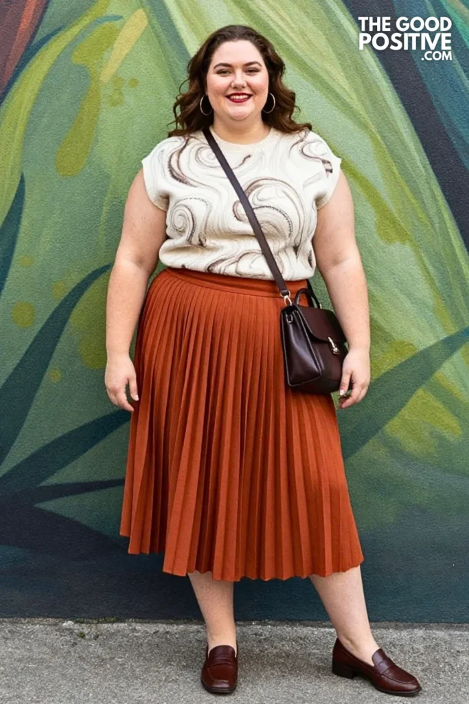Rust Pleated Skirt With Ink Print Sweater