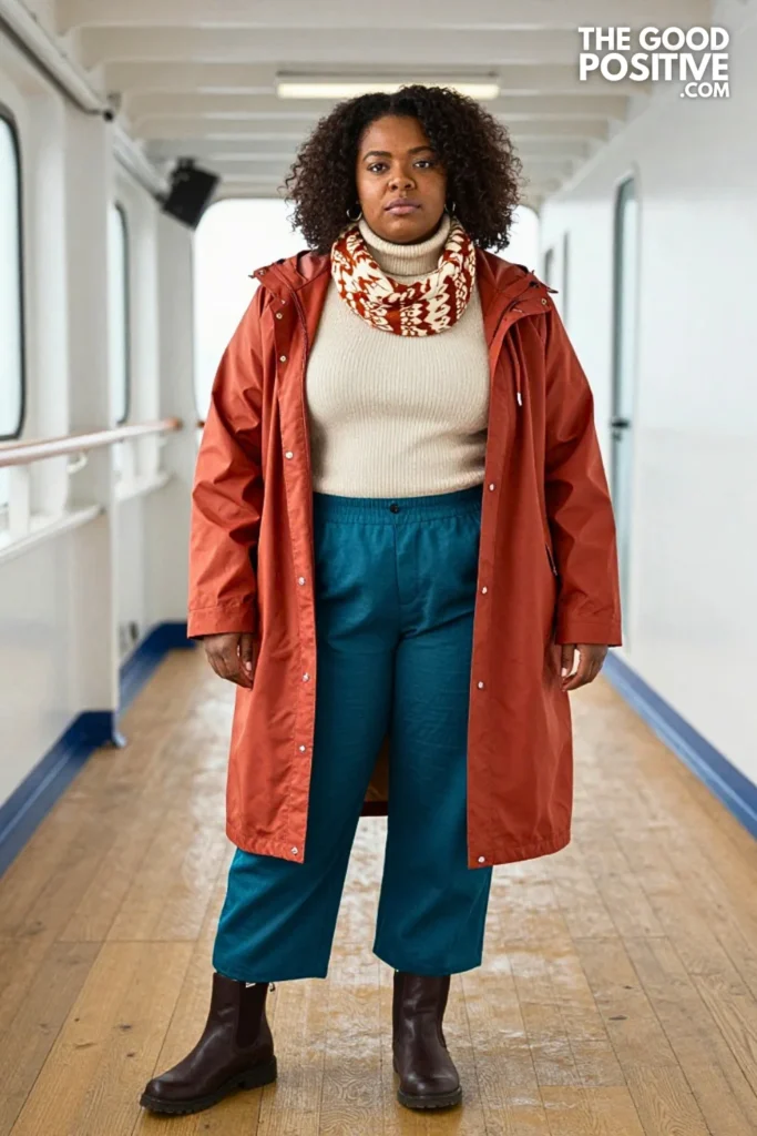 Rust Raincoat, Cream Turtleneck & Teal Wide-Leg Pants