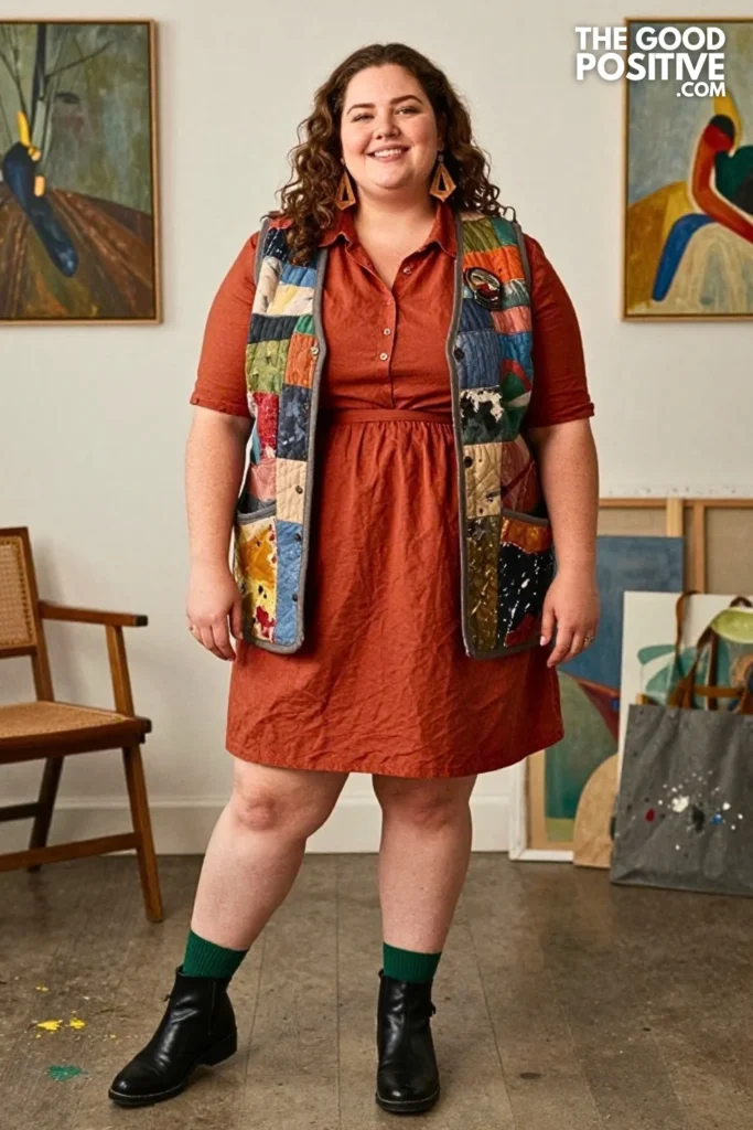Rust Shirt Dress With Quilted Patchwork Vest