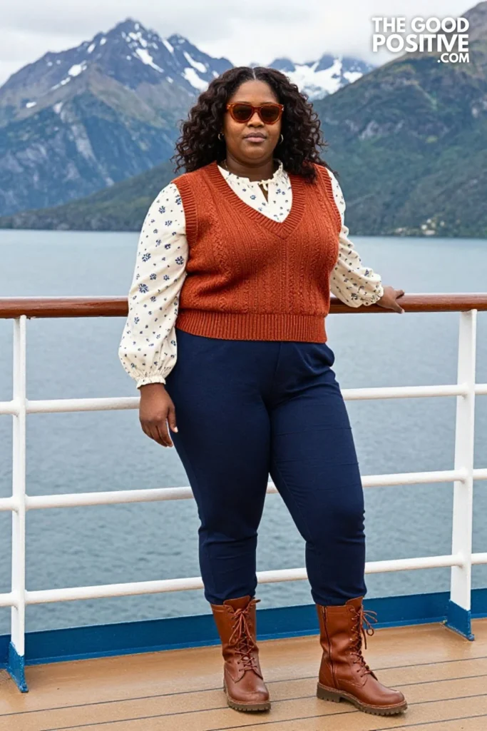 Rust Sweater Vest, Floral Blouse, And Navy Sailor Trousers