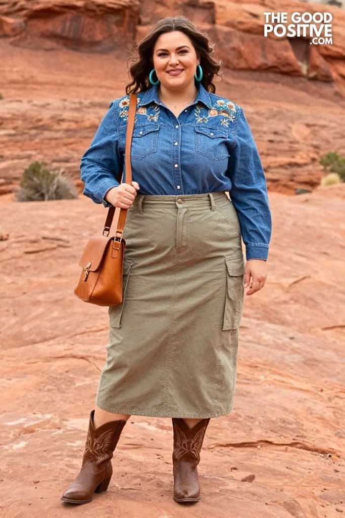 Sage Cargo Midi Skirt With Embroidered Denim Shirt