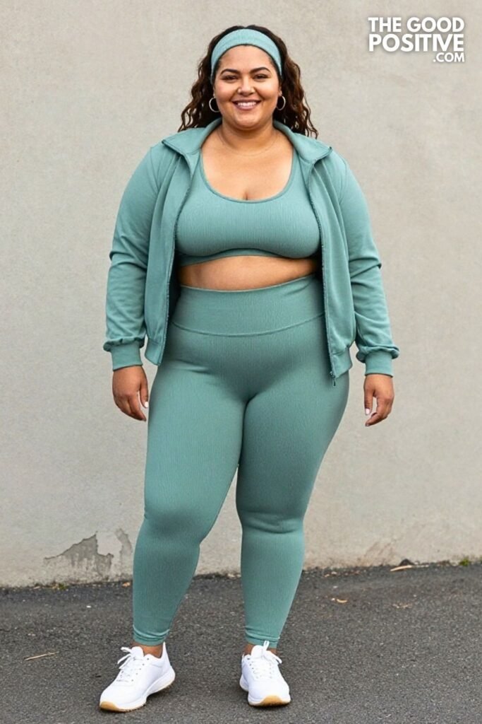 Sage Green Ribbed Matching Set With Cropped Zip Jacket