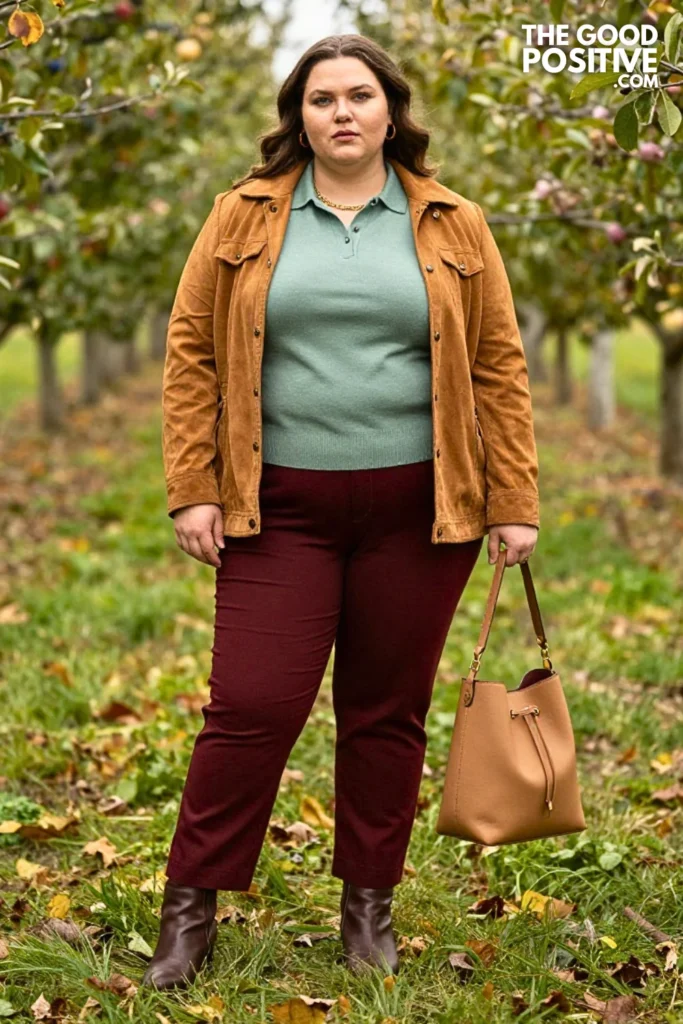 Sage Knit Polo, Cranberry Trousers & Suede Jacket