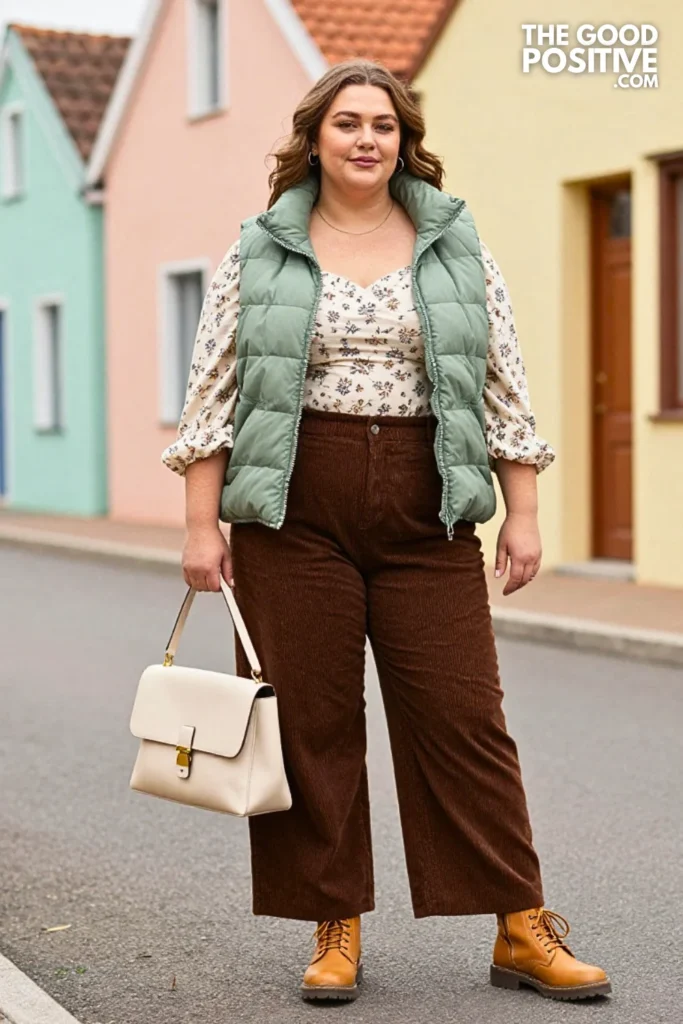 Sage Puffer Vest, Floral Blouse, and Corduroy Pants