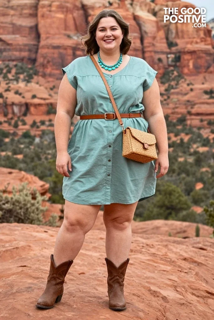 Sage Shirt Dress With Western Ankle Boots