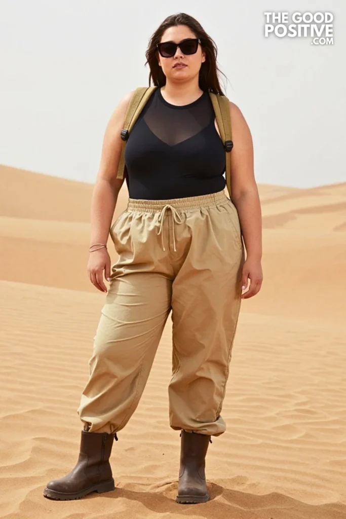 Sand-Colored Parachute Pants, Mesh Bodysuit Alternative, and Boots