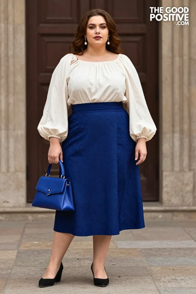 Sapphire Brocade Skirt With Ivory Bishop-Sleeve Blouse