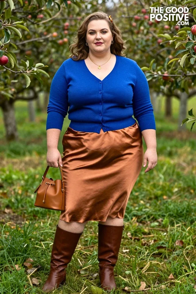 Sapphire Cardigan, Copper Satin Skirt & Brown Boots