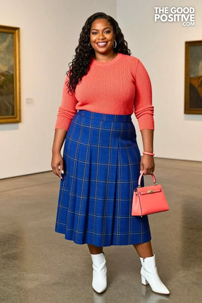 Sapphire Plaid Skirt, Coral Knit & White Boots