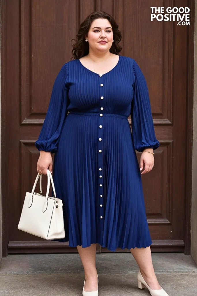 Sapphire Pleated Midi Dress With Pearl Buttons