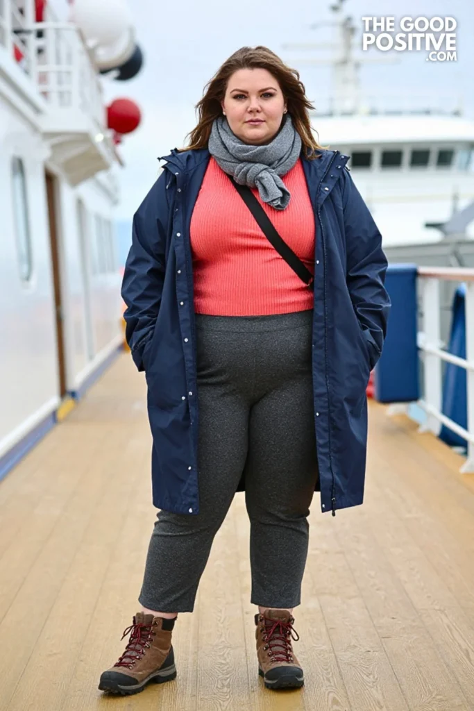 Sapphire Raincoat, Coral Knit, And Charcoal Trousers