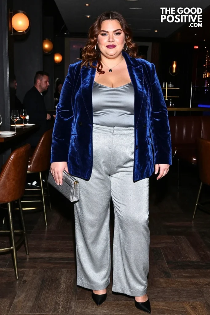 Sapphire Velvet Blazer With Silver Gray Trousers