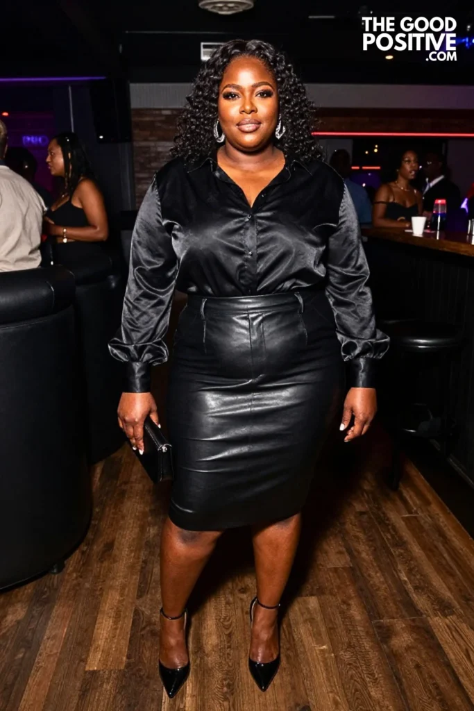 Satin Blouse With Leather Pencil Skirt