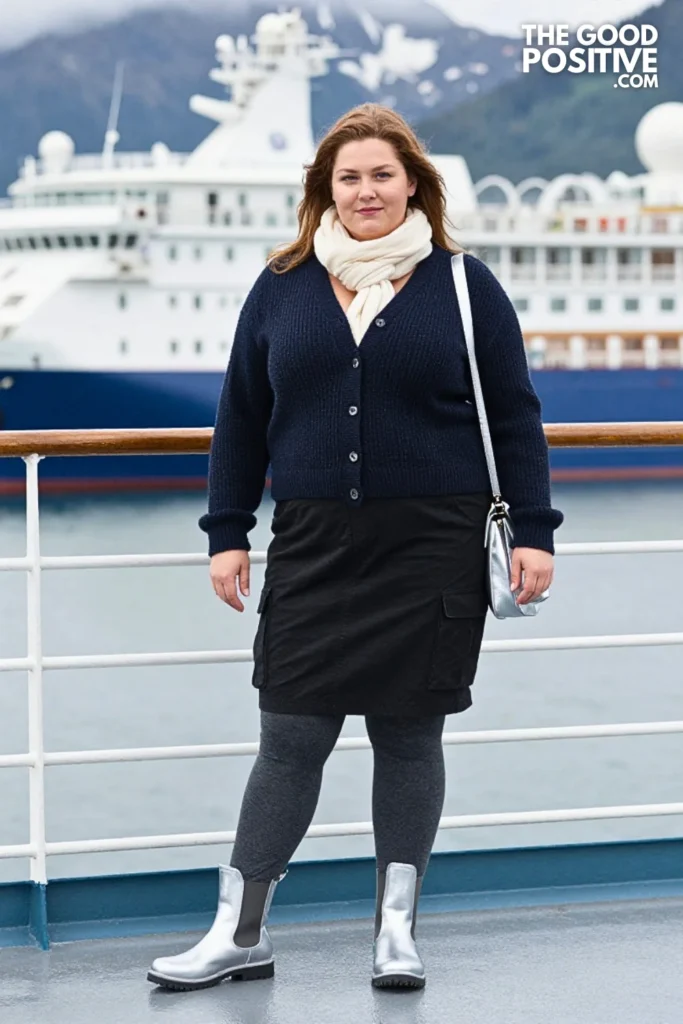 Seafoam Cardigan, Black Cargo Skirt & Thermal Tights