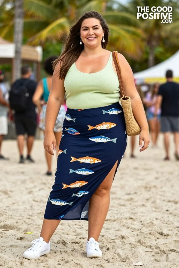 Seafoam Knit Top With Printed Midi Skirt