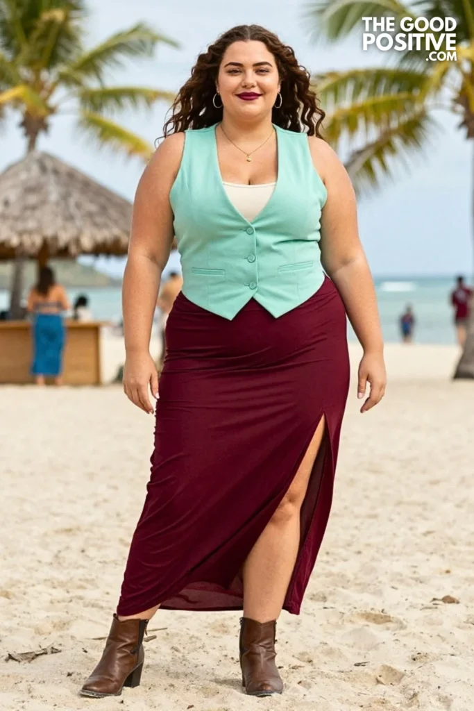 Seafoam Vest With Burgundy Maxi Skirt