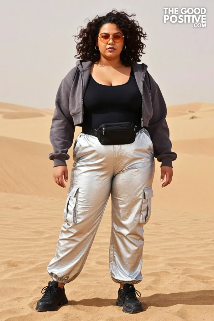 Silver Utility Pants, Cropped Hoodie, and Chunky Sneakers