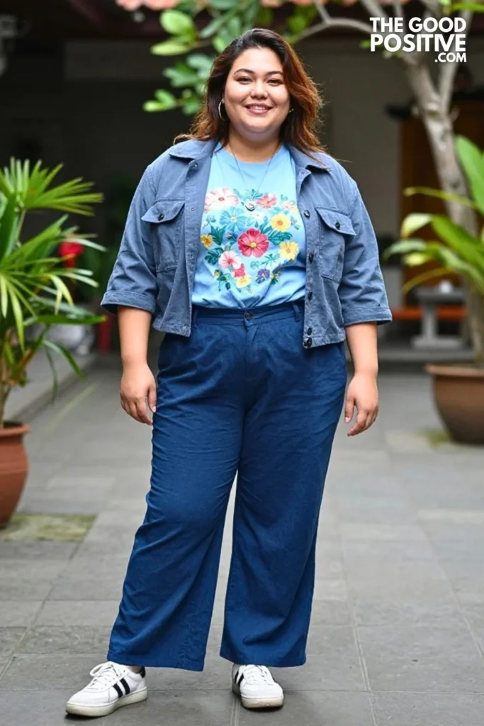 Sky Blue Graphic Tee With Satin-Inspired Wide Pants