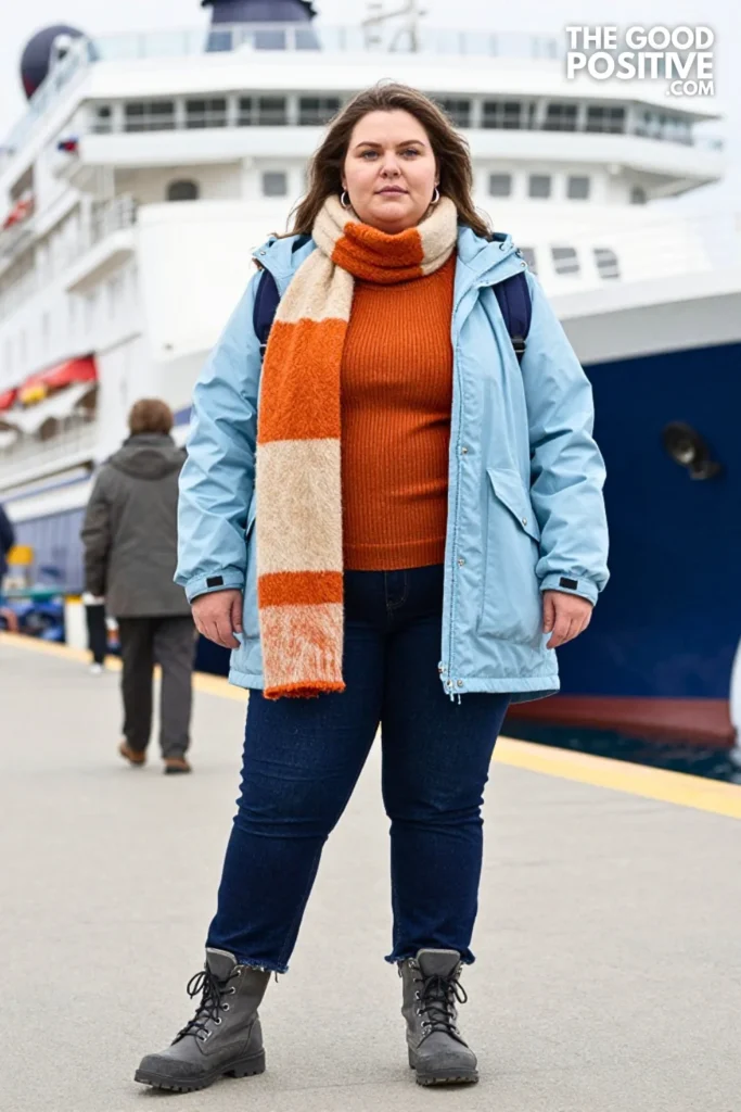 Sky-Blue Parka, Orange Knit & Dark Denim