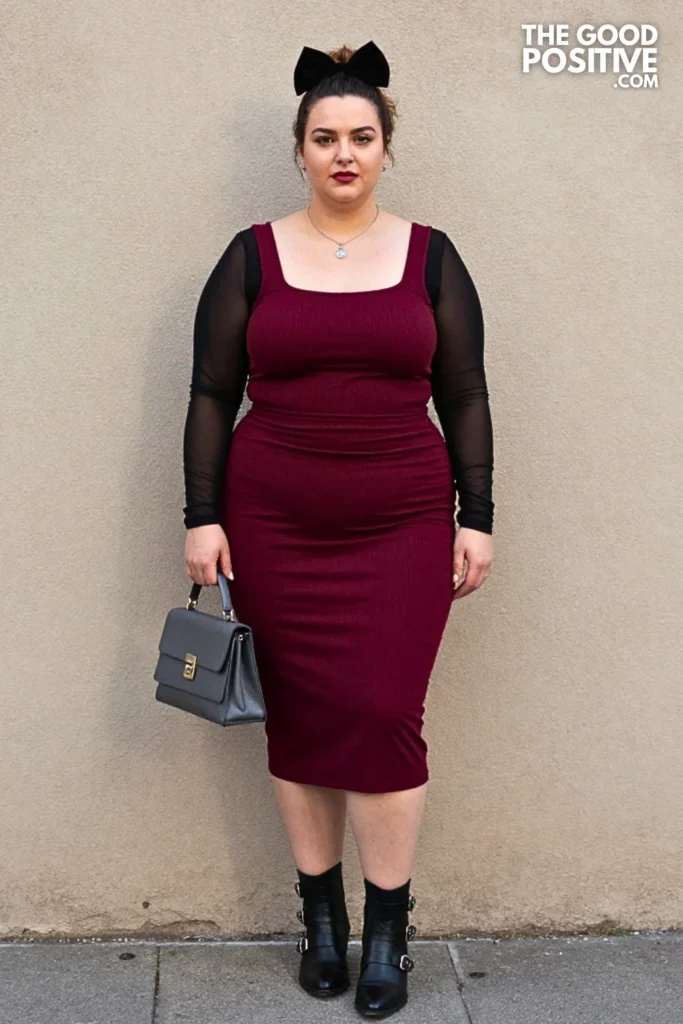 Soft Goth Burgundy Dress, Mesh Sleeves, and Buckled Boots