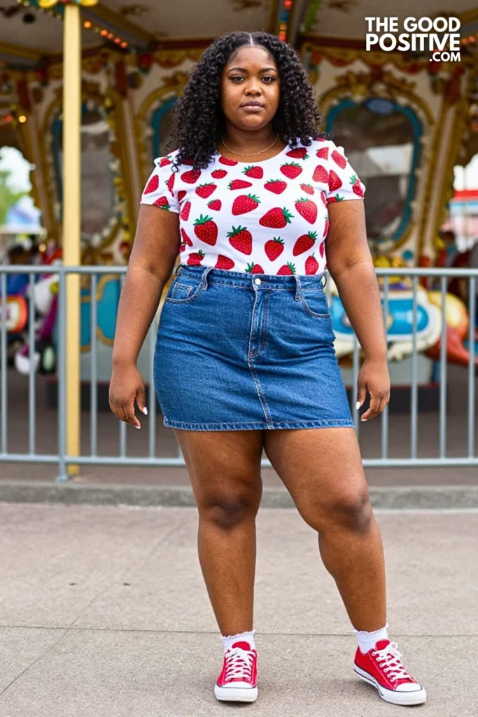 Strawberry Print Blouse, Denim Skort, And Red Sneakers