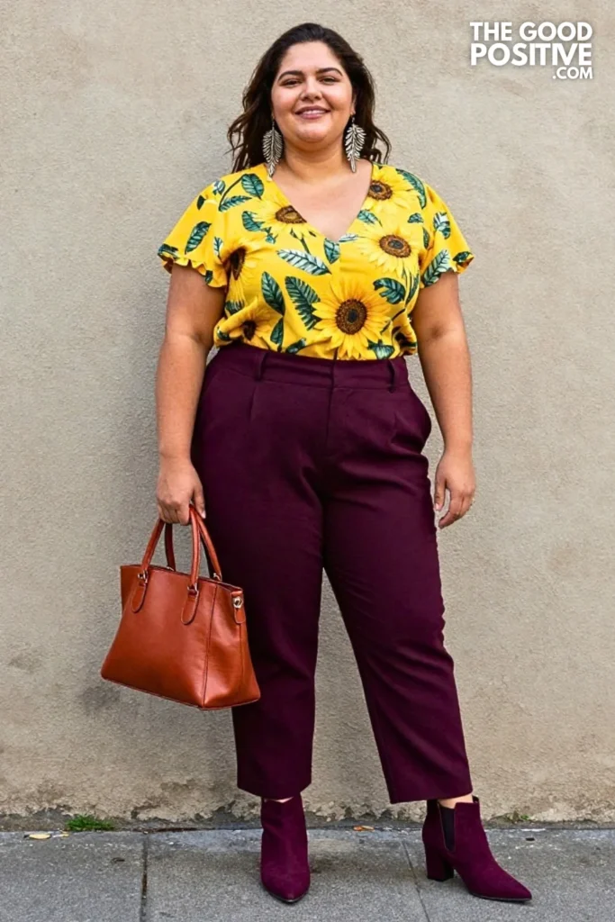 Sunflower Botanical Blouse With Plum Trousers