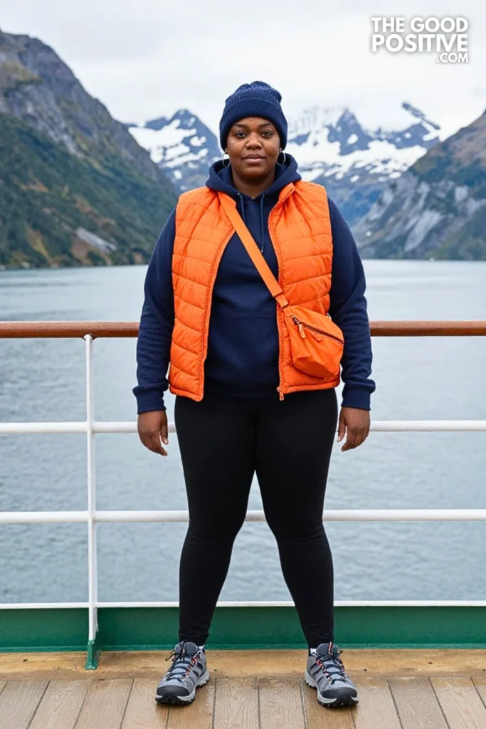 Sunset Orange Vest, Navy Hoodie, And Patterned Leggings