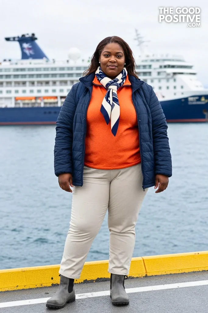 Tangerine Fleece, Navy Quilted Jacket & Cream Pants