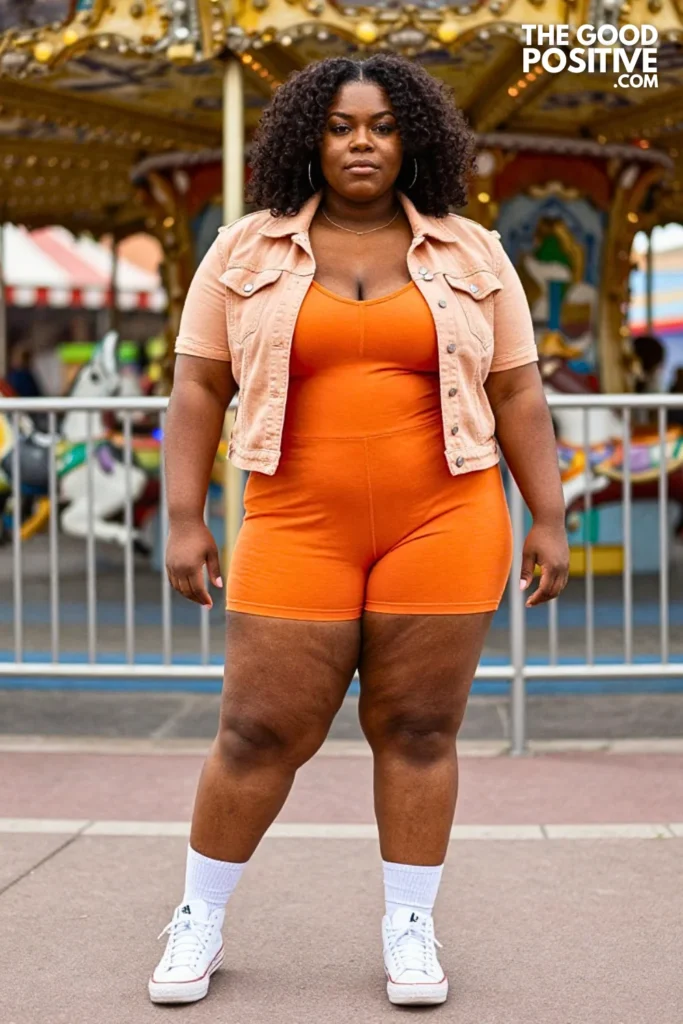 Tangerine Romper, Denim Shirt, And High-Top Sneakers