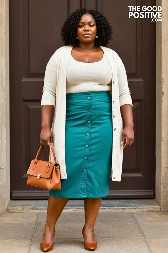 Teal Button-Front Midi Skirt With Knit Top