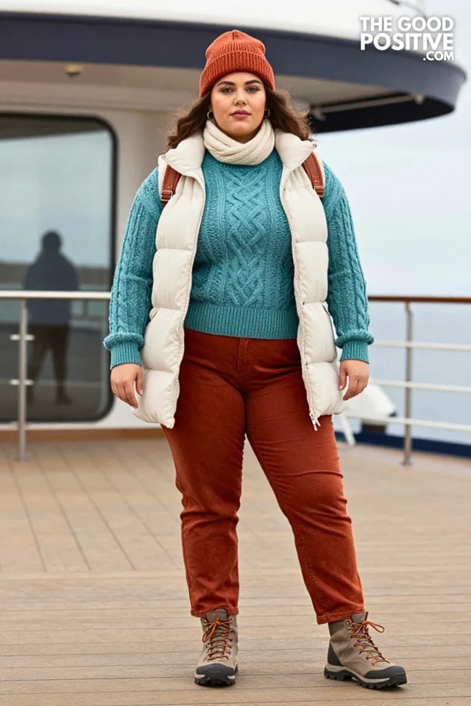 Teal Cable Sweater, Rust Denim, And Cream Puffer Vest