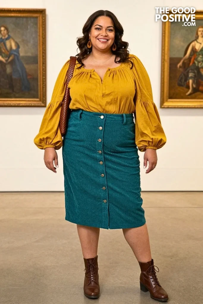 Teal Corduroy Skirt With Mustard Balloon-Sleeve Top