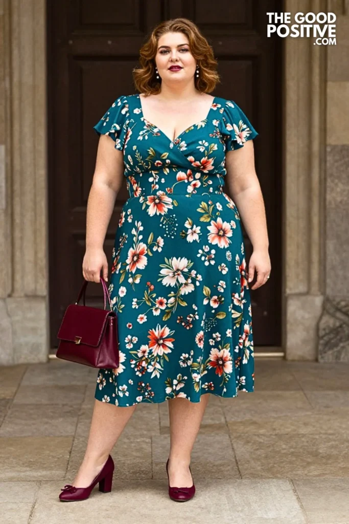 Teal Floral Midi Dress With Structured Waistband