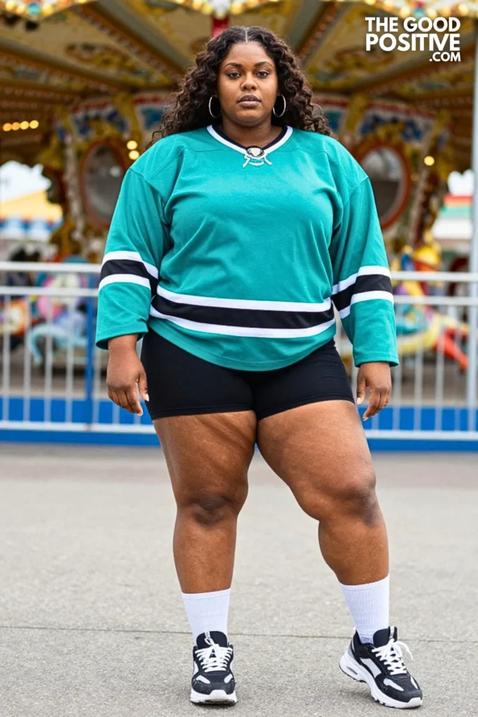 Teal Hockey Jersey, Black Biker Shorts, And Sneakers
