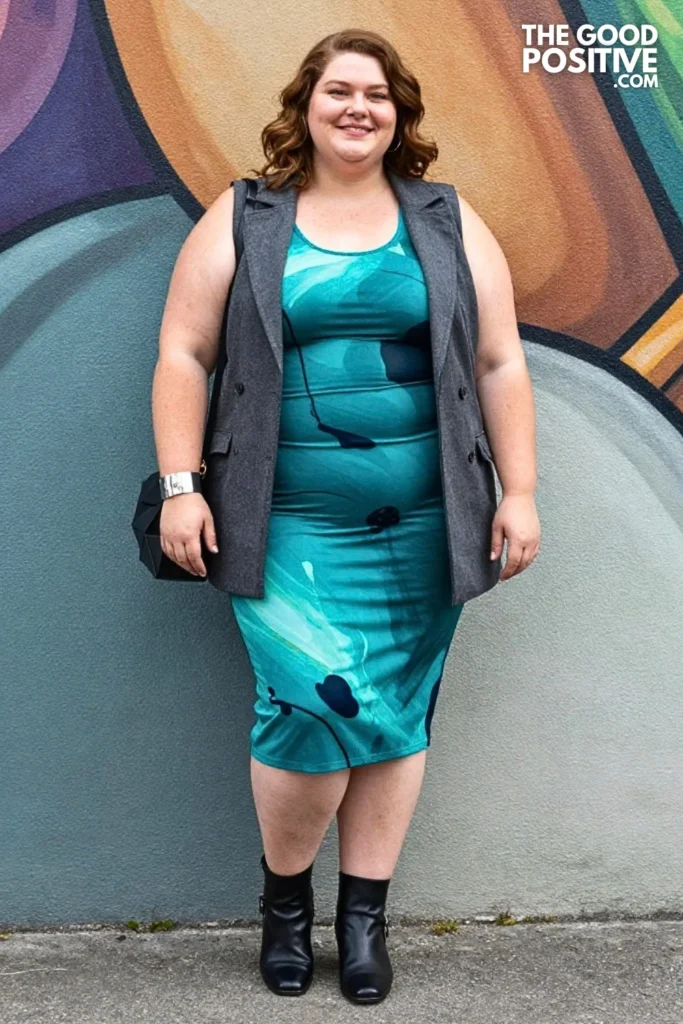 Teal Paint Splash Dress With Sculptural Vest