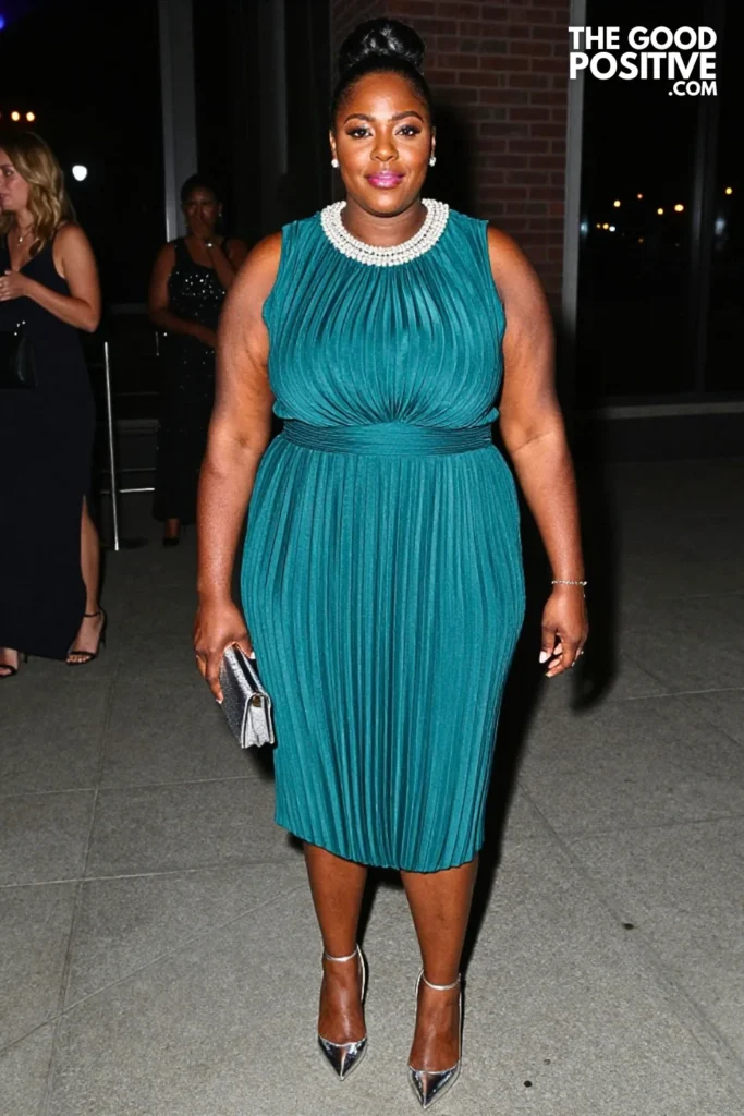 Teal Pleated Dress With Pearl Embellished Collar