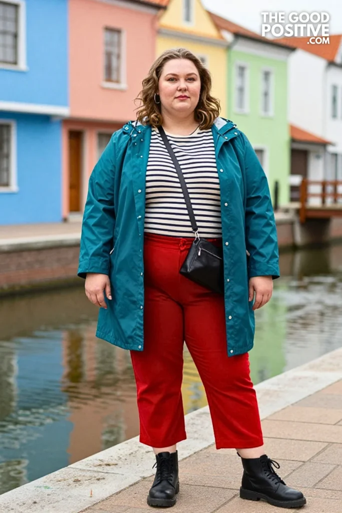Teal Raincoat, Breton Top, and Red Trousers