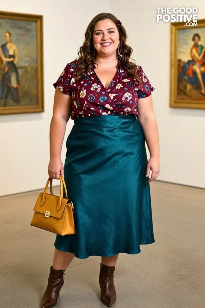 Teal Satin Skirt, Maroon Patterned Blouse & Mustard Bag