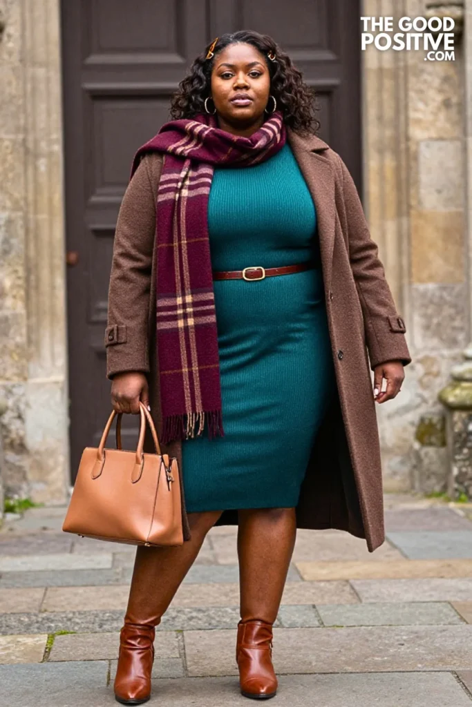 Teal Sweater Dress With Brown Ankle Boots And Plaid Scarf