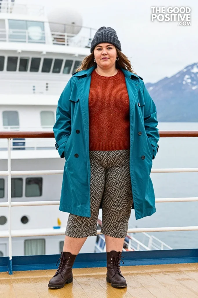 Teal Trench Coat, Rust Sweater & Patterned Culottes