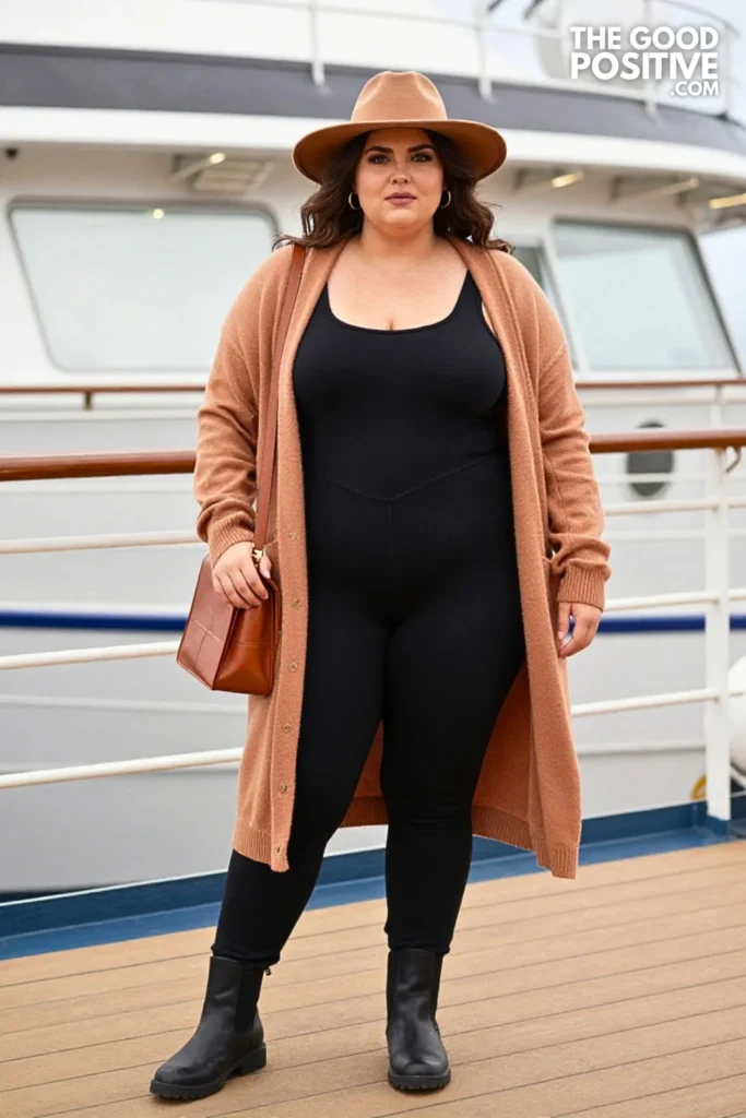 Terracotta Cardigan, Black Jumpsuit, And Waterproof Boots