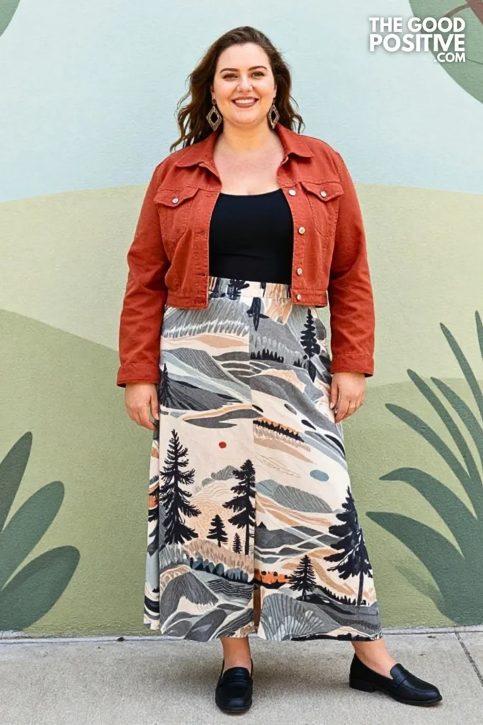 Terracotta Cropped Jacket With Graphic Maxi Skirt