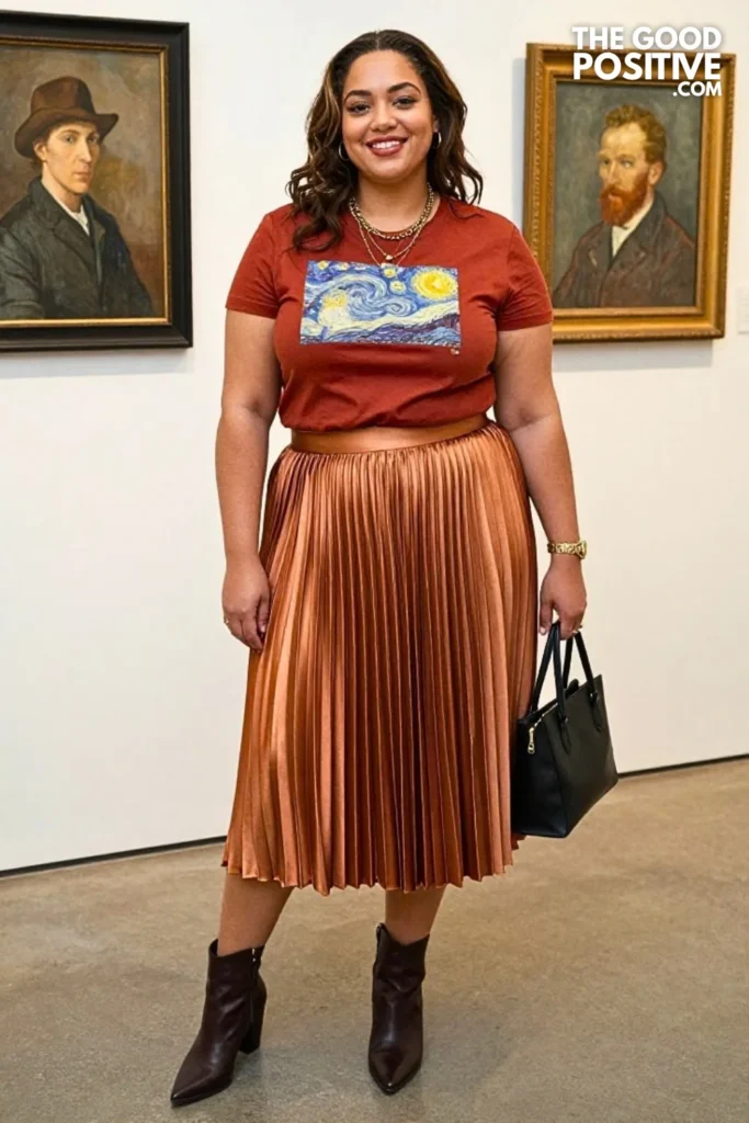 Terracotta Graphic Tee With Metallic Bronze Skirt