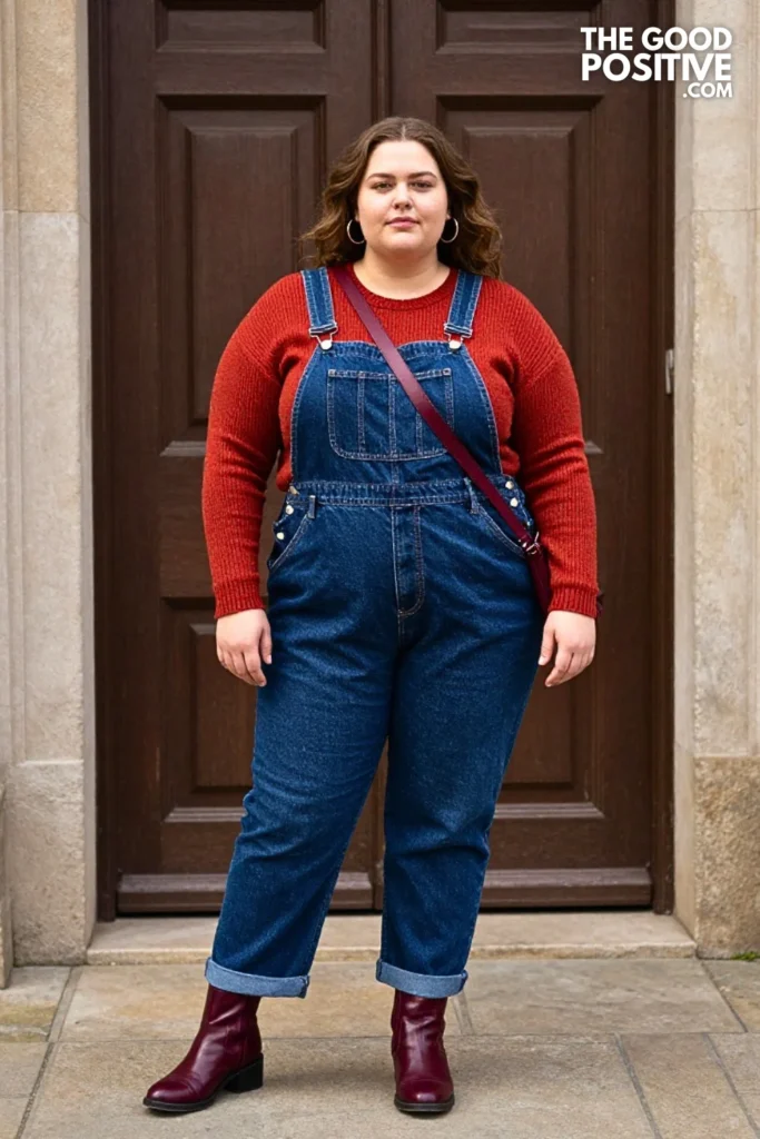 Terracotta Knit, Denim Overalls, and Burgundy Boots